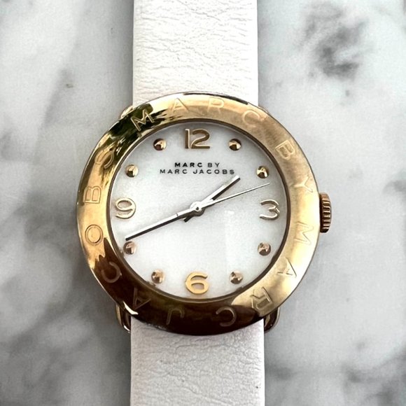 Marc Jacobs Gold and White Leather Watch - Picture 1 of 3